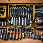 A variety of tool kits are spread out on a workbench, each containing a different set of DIY tools. The kits are neatly organized and labeled, with various tools such as hammers, screwdrivers, and wrenches visible