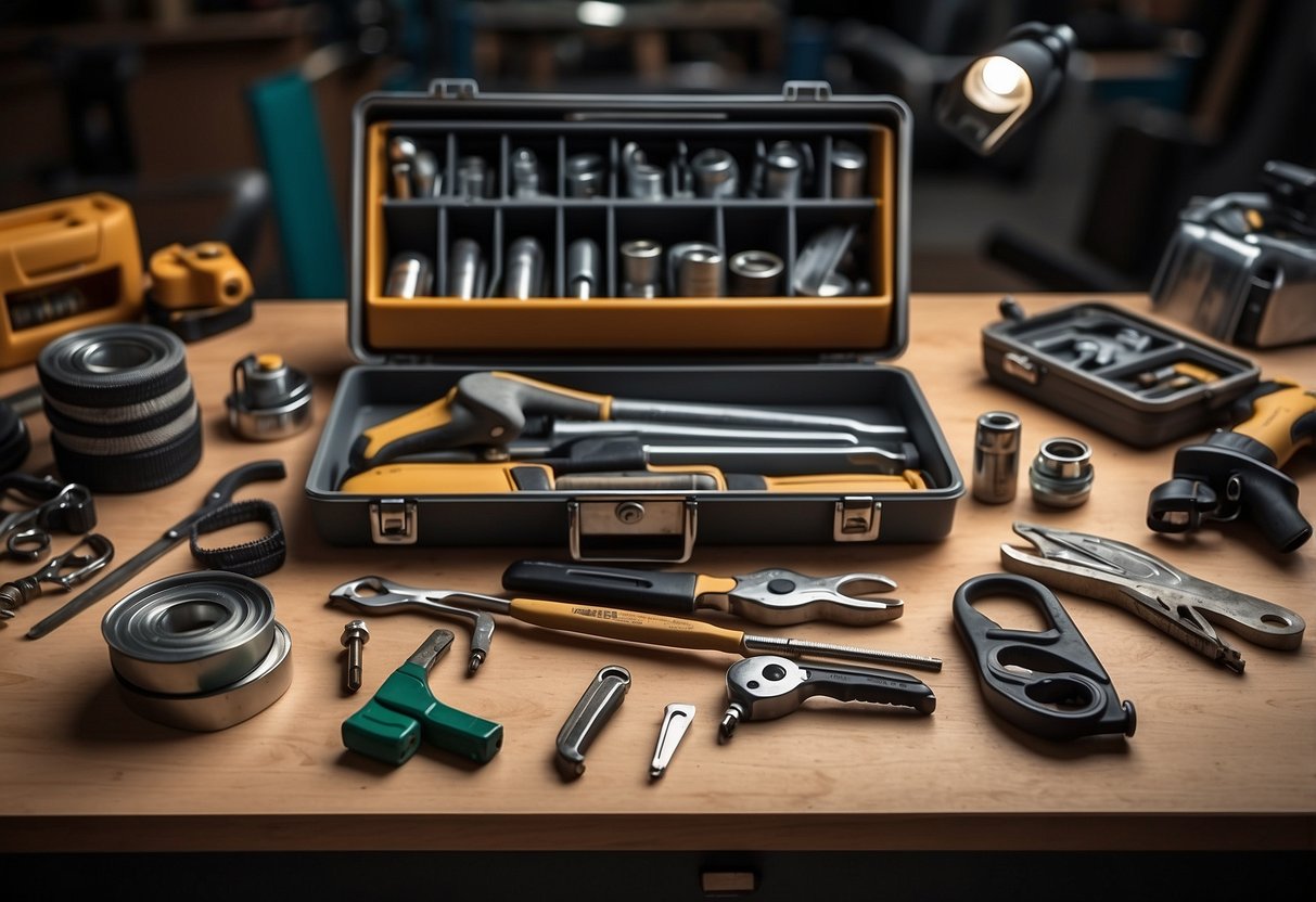 A table with various DIY tools neatly organized, with a toolbox and manual in the background