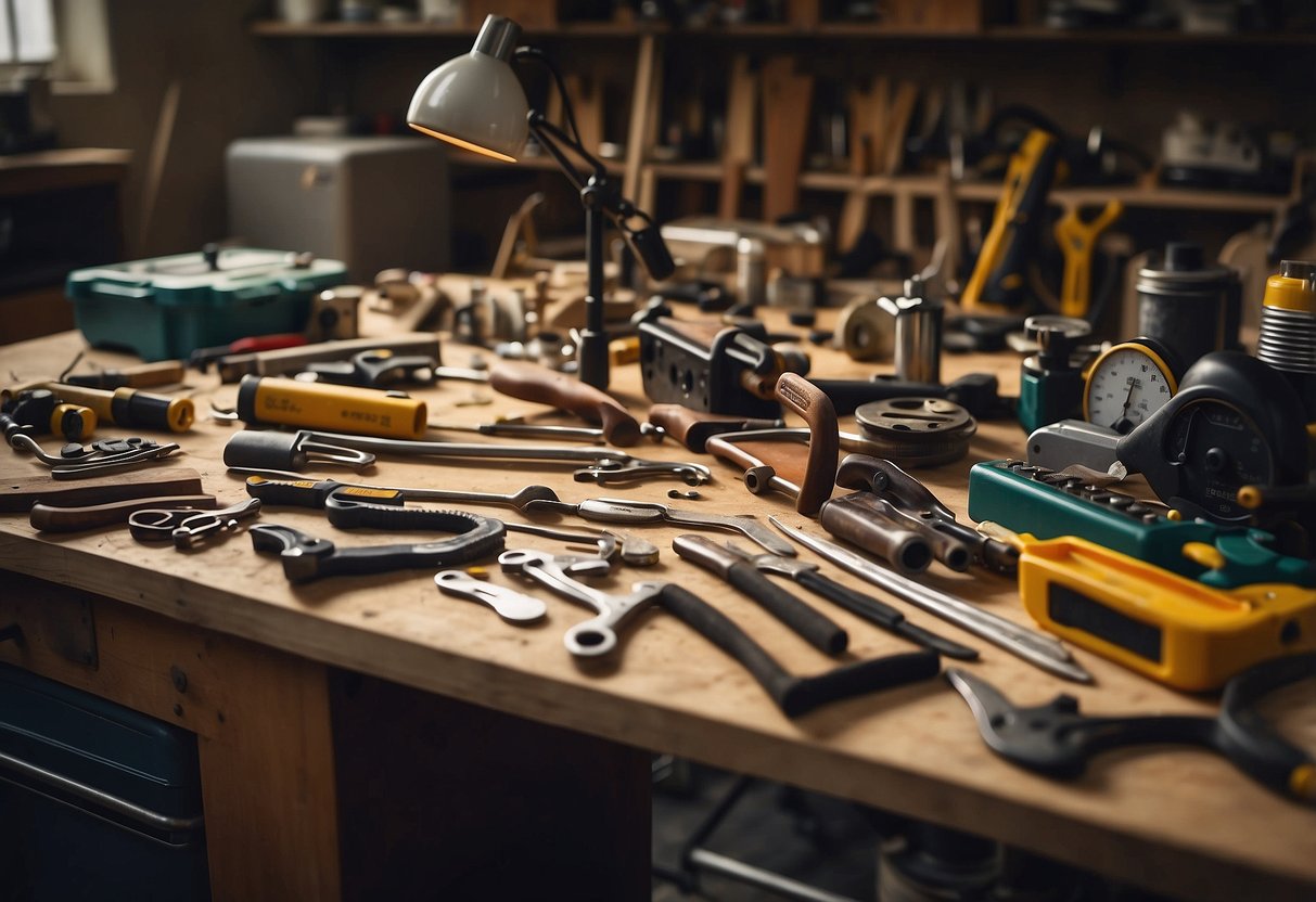 A cluttered workbench with various tools, toolboxes, and DIY repair projects scattered around. A person is seen assessing their home repair needs, surrounded by a variety of tool kits