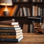 A stack of DIY home improvement books on a wooden table with a hammer and measuring tape beside them. A cozy living room in the background with a warm, inviting atmosphere