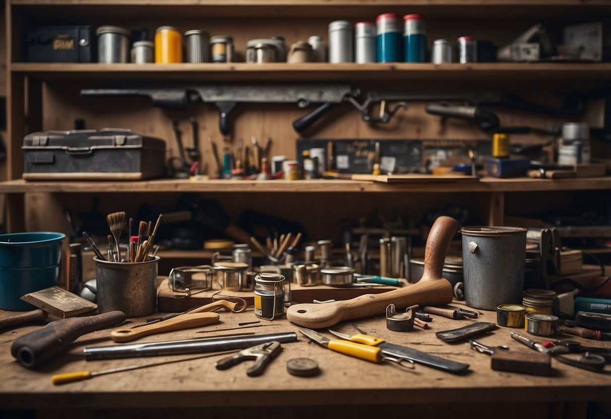 A cluttered workbench with tools, paint cans, and a stack of DIY home improvement books. A level, hammer, and paintbrush suggest ongoing projects