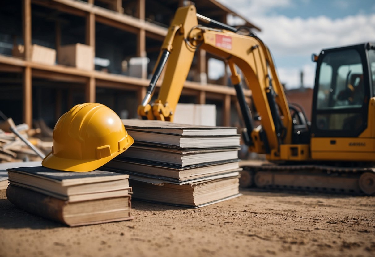 A bustling construction site with workers and machinery, surrounded by large scale renovation projects. A stack of DIY home improvement books sits nearby, ready to guide the ambitious homeowner