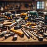 A cluttered workbench with various power tools scattered about, including drills, saws, and sanders. Brand logos are visible on the tools