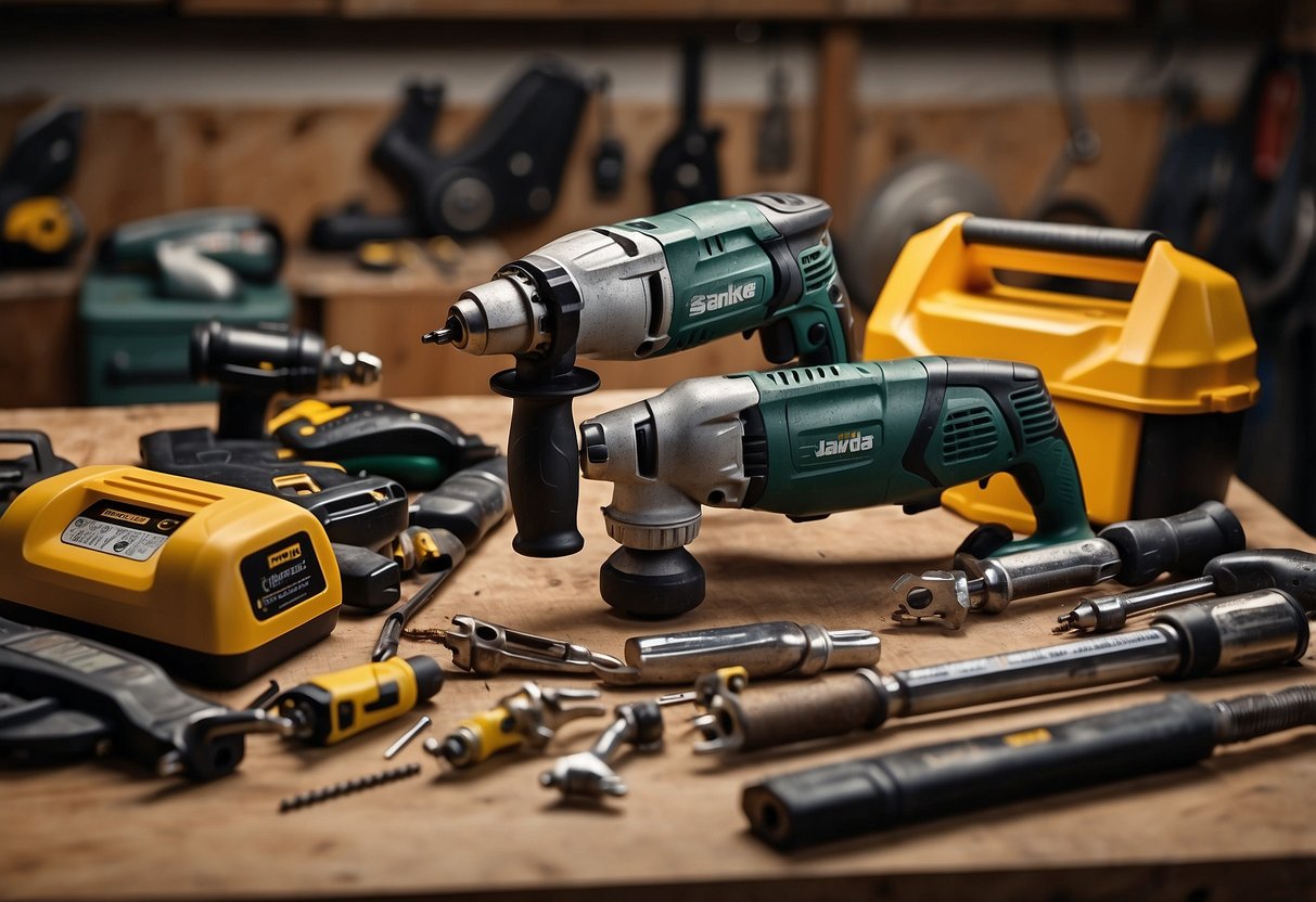 Various power tools scattered on a workbench, including drills, saws, and sanders. A toolbox sits nearby, with screws and nails spilling out