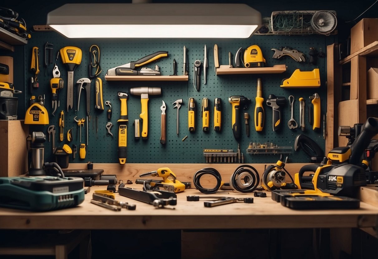 A clutter-free workbench with various power tools neatly organized, a well-lit workspace, and easy access to tool manuals and safety gear