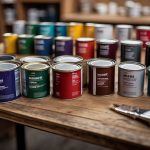 Various paint cans arranged on a table, each labeled with a different DIY paint brand. A brush and roller are nearby, ready for testing. A chart with coverage and price comparisons is visible in the background