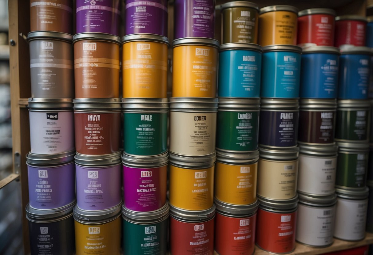 Various paint cans lined up on a shelf, each with different brand names and labels. A color chart and paint swatches are displayed next to them for comparison