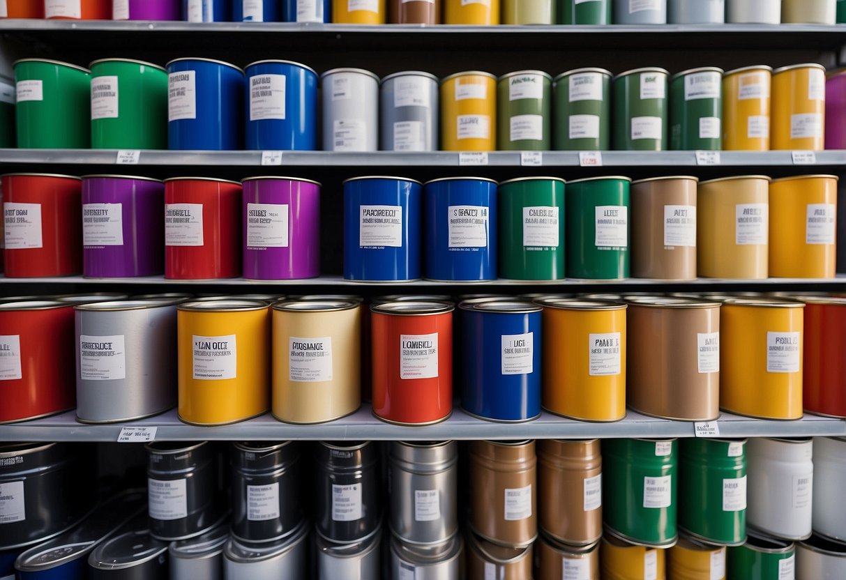 Various paint cans arranged with price tags, coverage charts, and value comparisons displayed. Brand logos and product names clearly visible