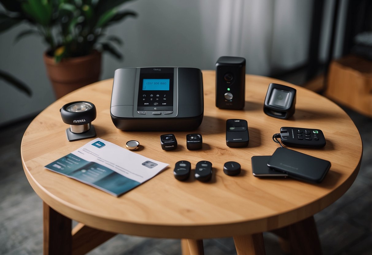 A table with 5 DIY home security systems, each labeled with their cost and pricing structure. Installation tools and tips scattered around