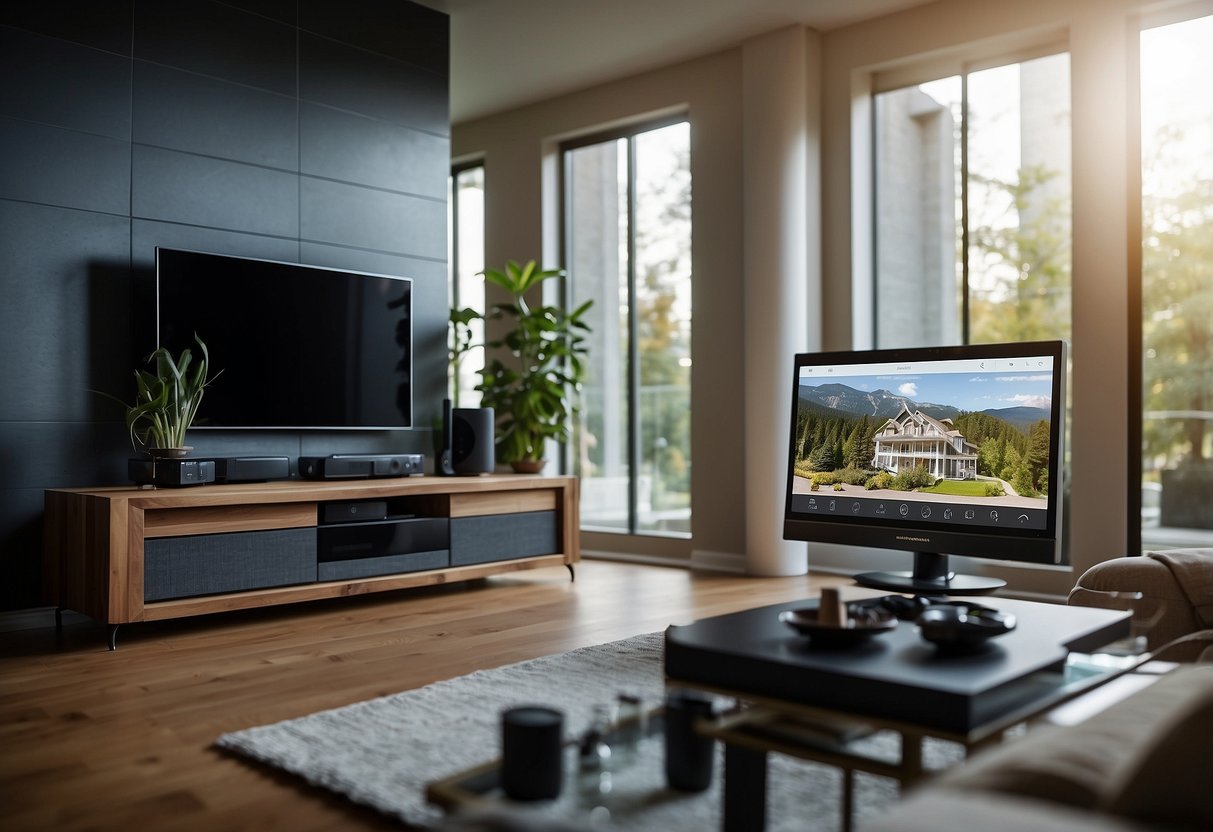 A smart home system is shown with security cameras, motion sensors, and a control panel. The system is integrated with various devices and appliances