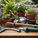 A variety of gardening tools laid out on a wooden table with a backdrop of lush green plants and blooming flowers