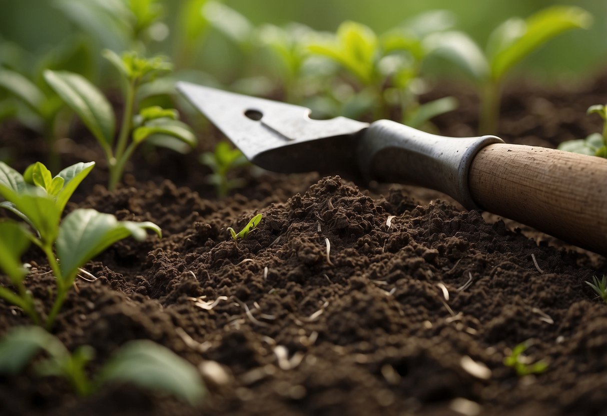 A sturdy metal shovel digs into rich soil, while a wooden-handled trowel carefully plants delicate seedlings. A pair of sharp pruning shears neatly trims back overgrown branches, all against a backdrop of vibrant greenery