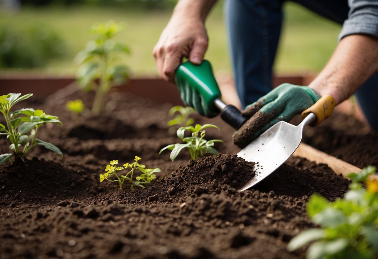 A trowel digs into soil, while a dibber creates holes. Other DIY gardening tools lay nearby. The scene is set for planting and transplanting