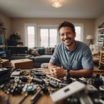 A cluttered living room with scattered furniture parts and tools, a manual open to a step-by-step guide, and a satisfied smile on the face of the assembler