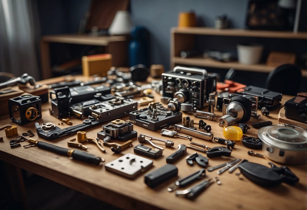 A cluttered room with various furniture parts and tools laid out. A manual or instruction booklet is open, and a person is assembling a piece with ease