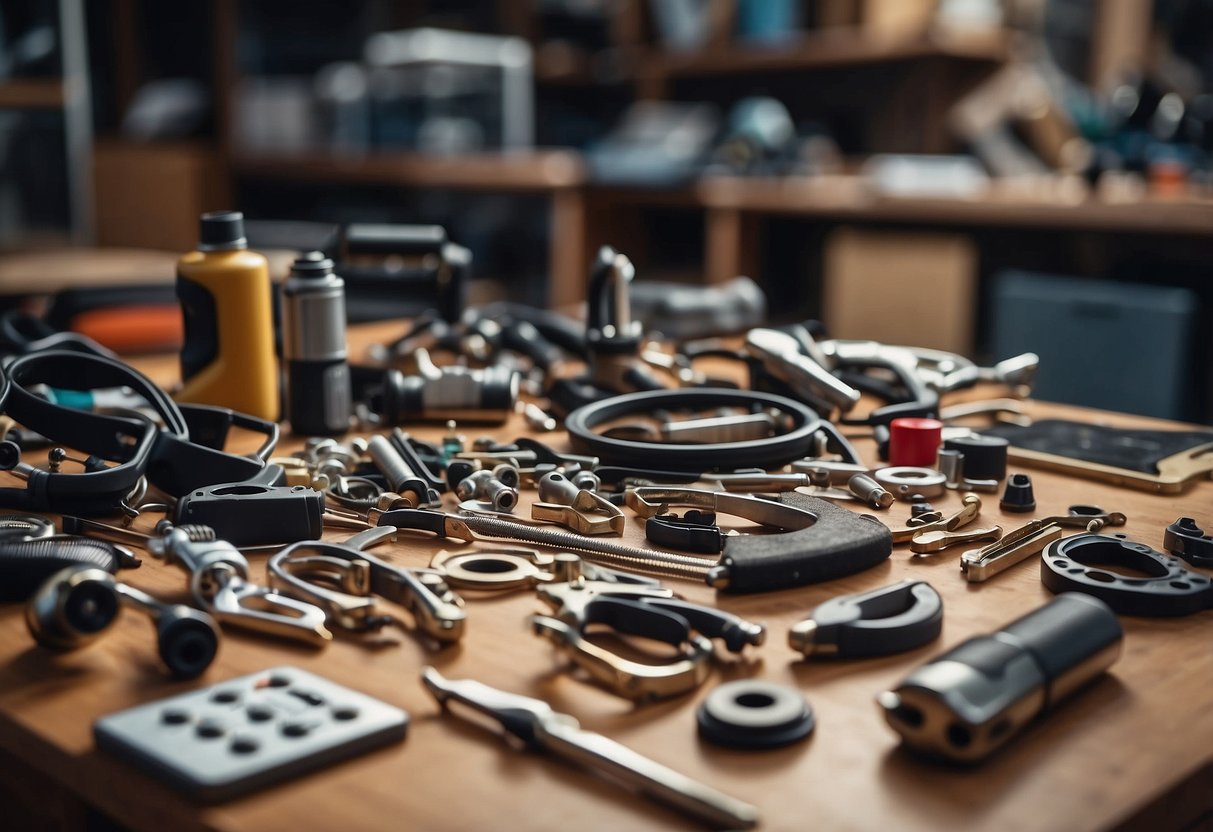 A cluttered workspace with tools scattered around a partially assembled furniture piece. A manual and assembly kit are nearby, along with a finished piece in the background