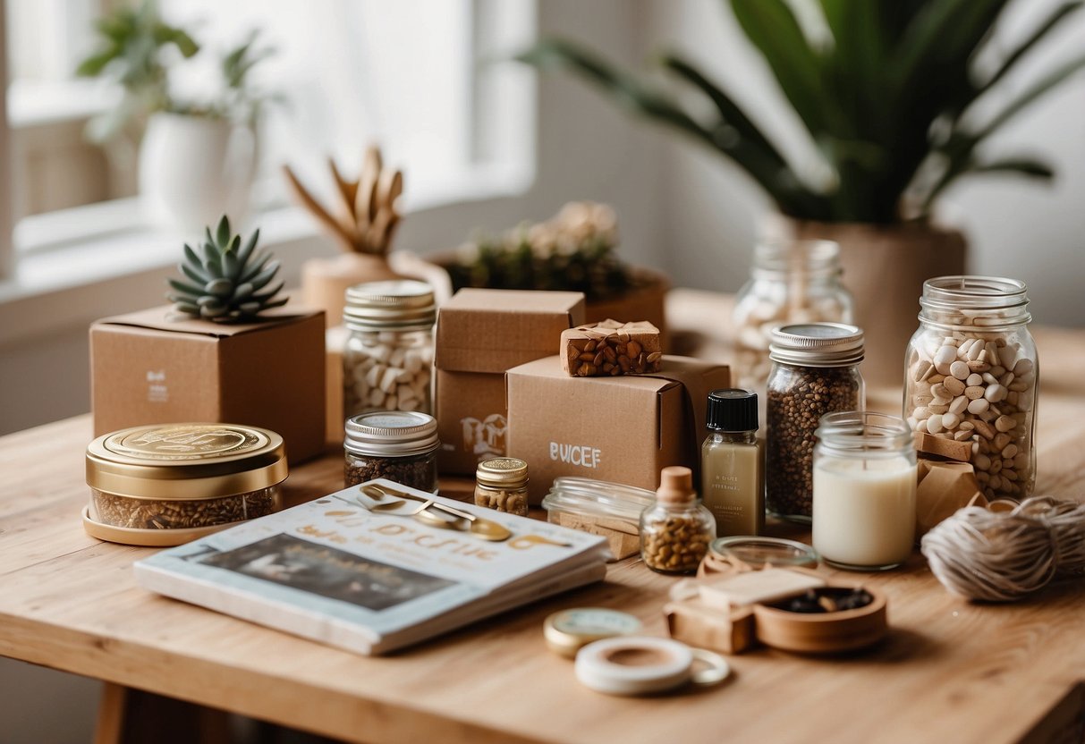 A table with various DIY home decor subscription boxes, surrounded by craft supplies and finished decor projects. Bright natural light floods the room, highlighting the vibrant colors and textures of the items