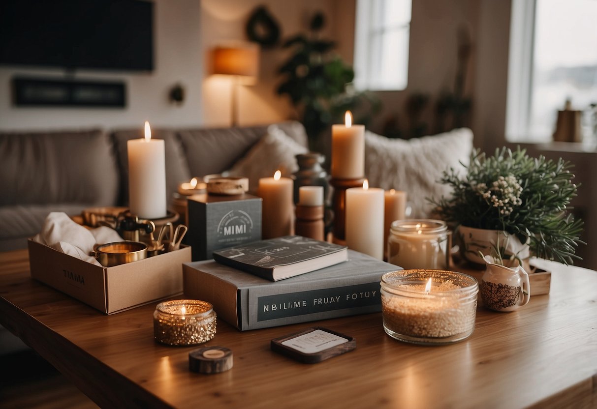 A table with various DIY home decor subscription boxes neatly arranged, surrounded by craft supplies and a cozy living room setting