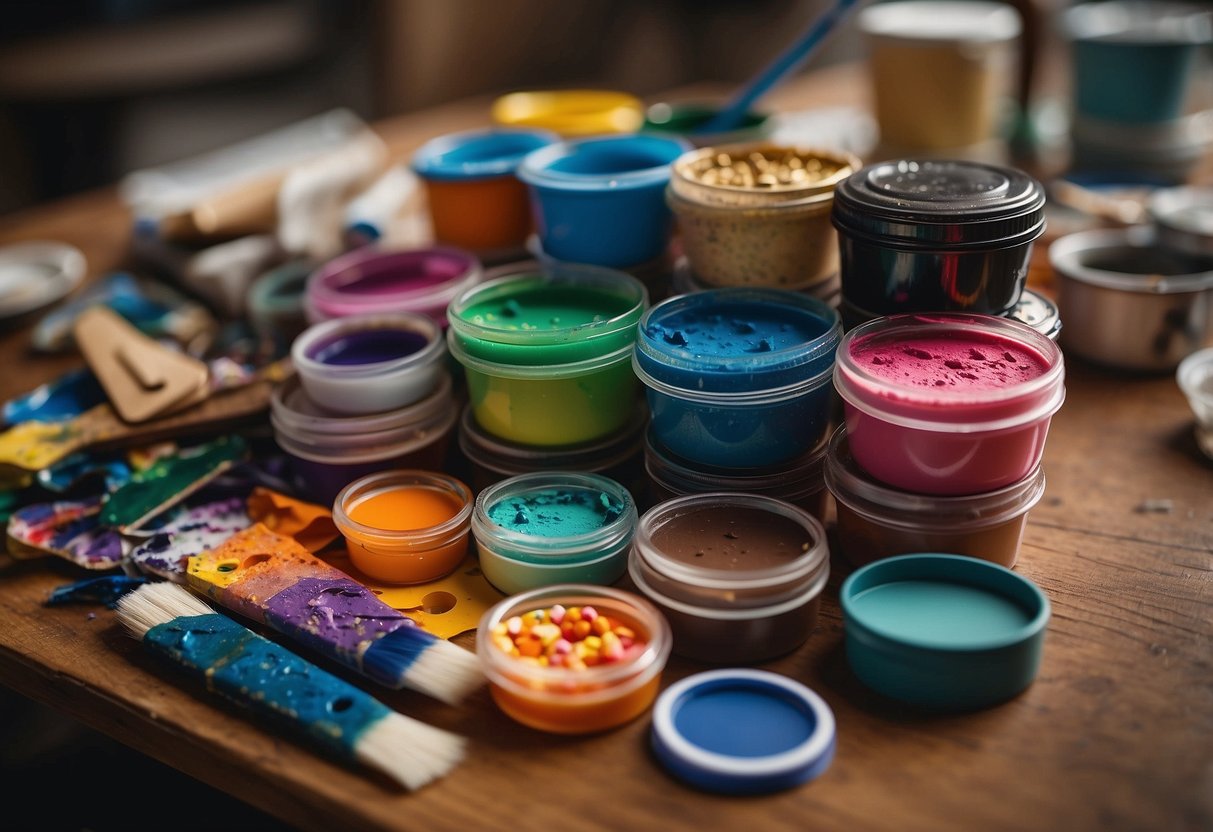 A colorful array of craft kits scattered on a table, with paints, brushes, and various materials, inviting kids to explore and create