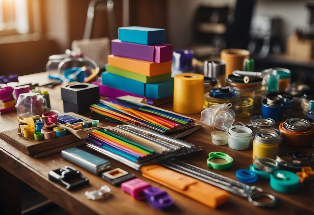 A colorful array of craft kits spread out on a table, including various materials and tools for kids to create their own DIY projects