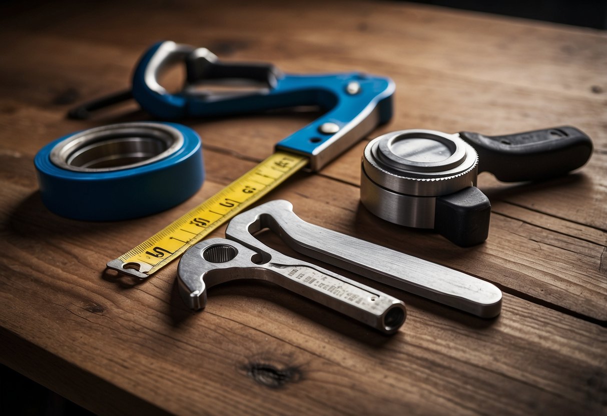 A wrench, plunger, pipe cutter, and adjustable wrench lay on a wooden workbench. A tape measure and Teflon tape are nearby