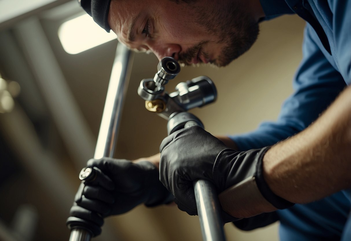 A plumber uses a wrench to tighten a pipe fitting, while a sealant gun applies a perfect bead of caulk around a joint