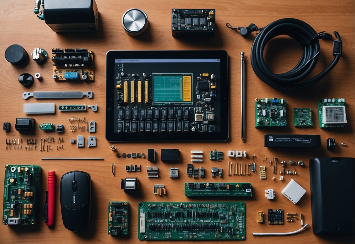 A workbench with various electronic components and tools scattered around, alongside a list of the top 10 DIY electronics kits for beginners