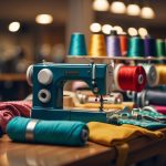 A range of sewing machines displayed on a table, from basic to advanced models. Each machine is surrounded by colorful fabric and various sewing accessories