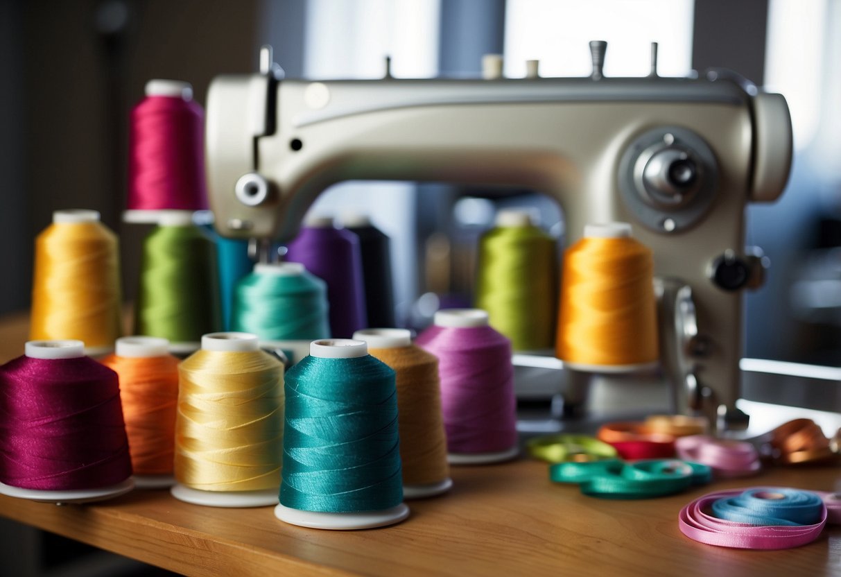 A sewing machine sits on a sturdy table, surrounded by spools of colorful thread and various fabric swatches. The machine's needle is poised to begin stitching, with the presser foot ready to guide the fabric through