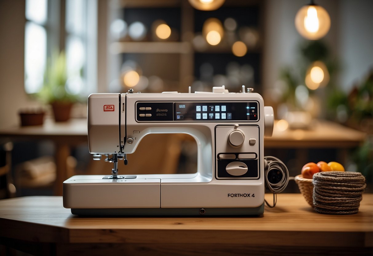 A sewing machine on a sturdy table with adjustable speed control, automatic needle threader, and a variety of stitch options displayed on the control panel