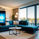 A cozy living room with modern furniture and a large window, featuring smart light systems controlled by a smartphone app