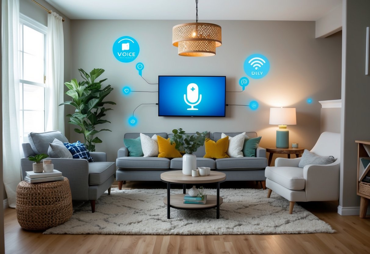 A cozy living room with smart light systems integrated with voice-activated home assistants, showcasing different DIY setups for various home styles