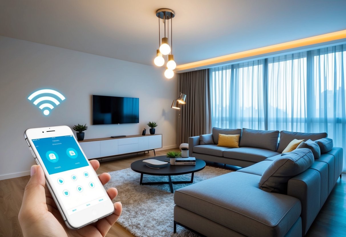 A modern living room with smart light bulbs, a central control panel, and automated curtains