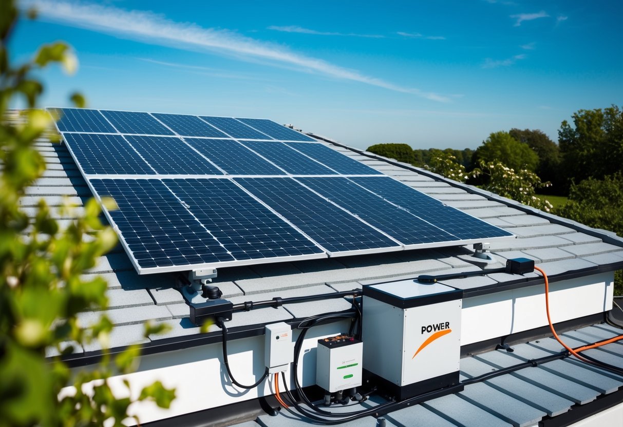 A rooftop with solar panels installed, connected to a control unit, battery storage, and power inverter, surrounded by greenery and a clear blue sky