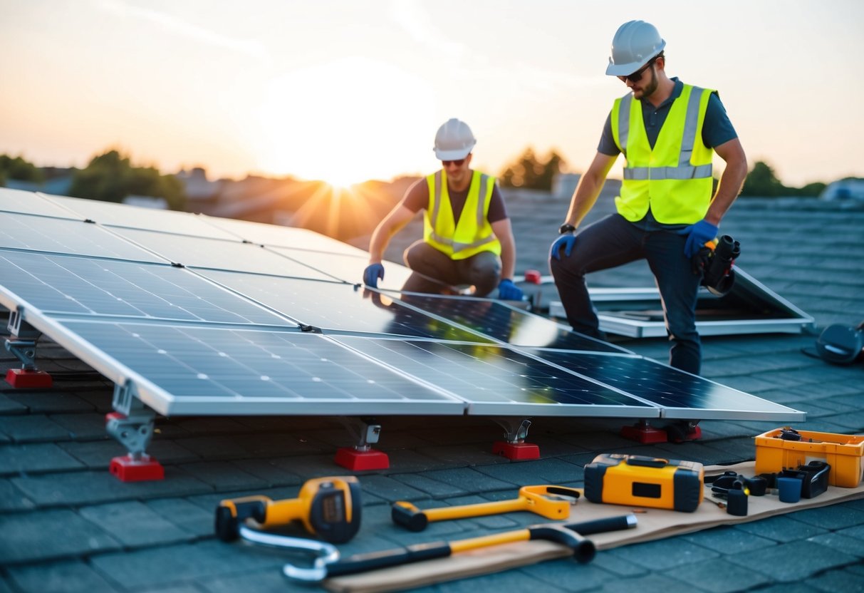 Solar panels being assembled on a rooftop, with tools and equipment laid out nearby. The sun is shining brightly in the background