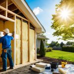 A cozy home with insulation being installed in the walls and attic, while outside, the sun shines brightly and trees sway in the breeze