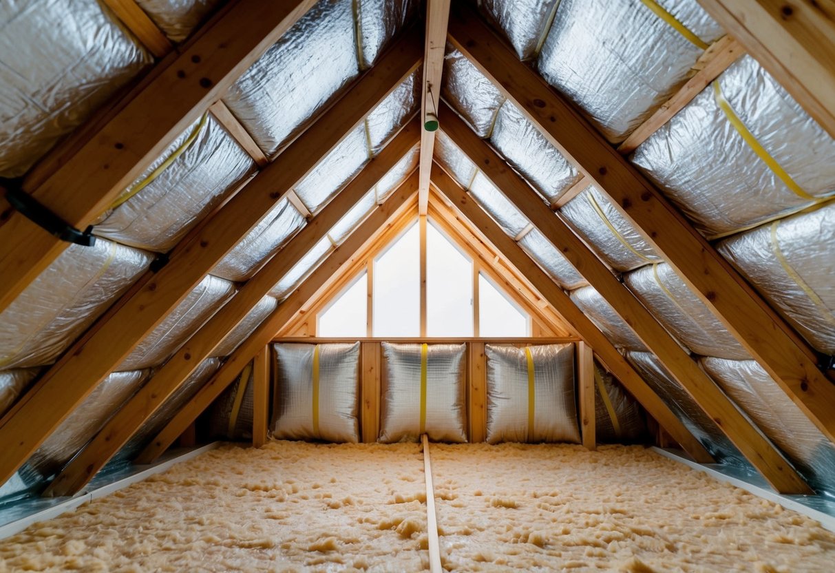 An attic with evenly distributed insulation, sealing gaps, and proper ventilation