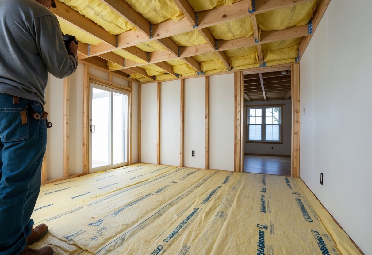 A home's walls and floors being insulated and secured, with attention to energy efficiency and comfort