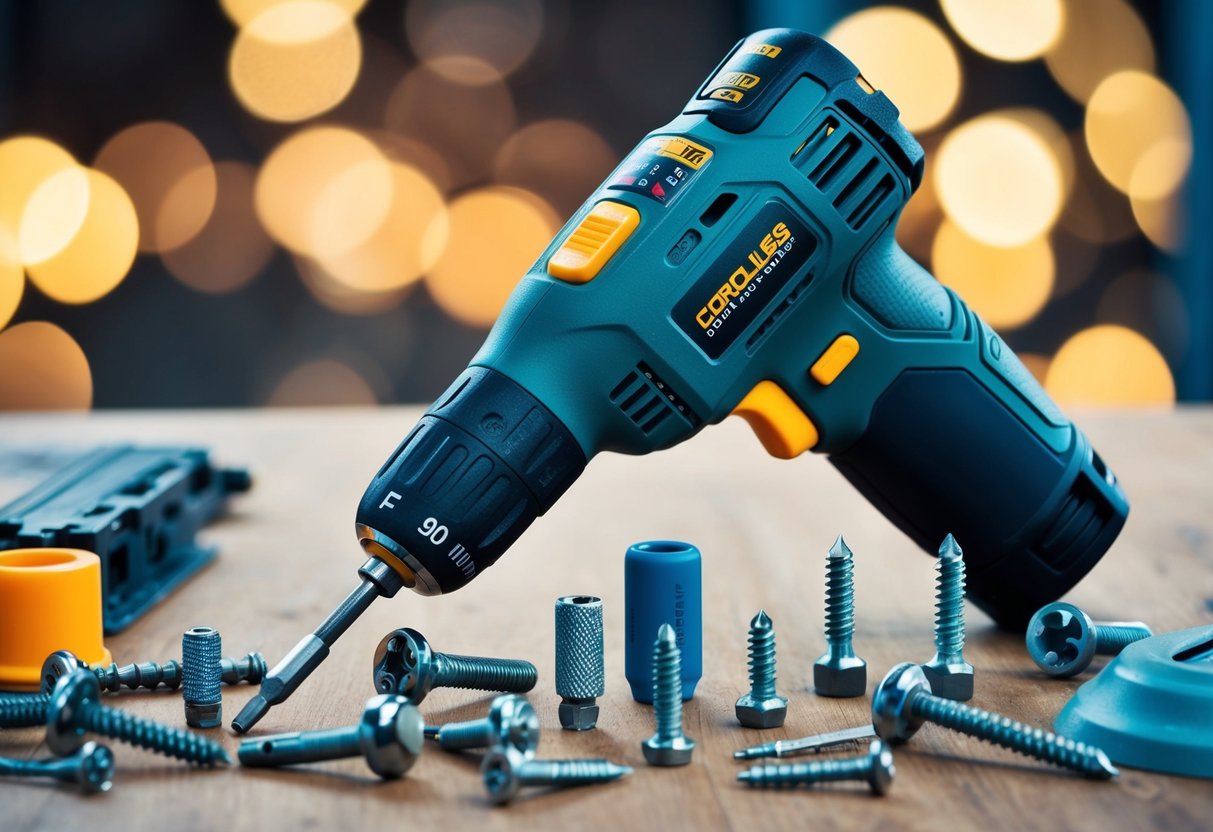 A cordless screwdriver with various speed controls and settings, surrounded by different types of screws and materials to showcase its versatility