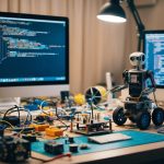 A cluttered workbench with various DIY robotics kits, tools, and electronic components scattered around. A computer screen displays lines of code and a robot prototype sits partially assembled