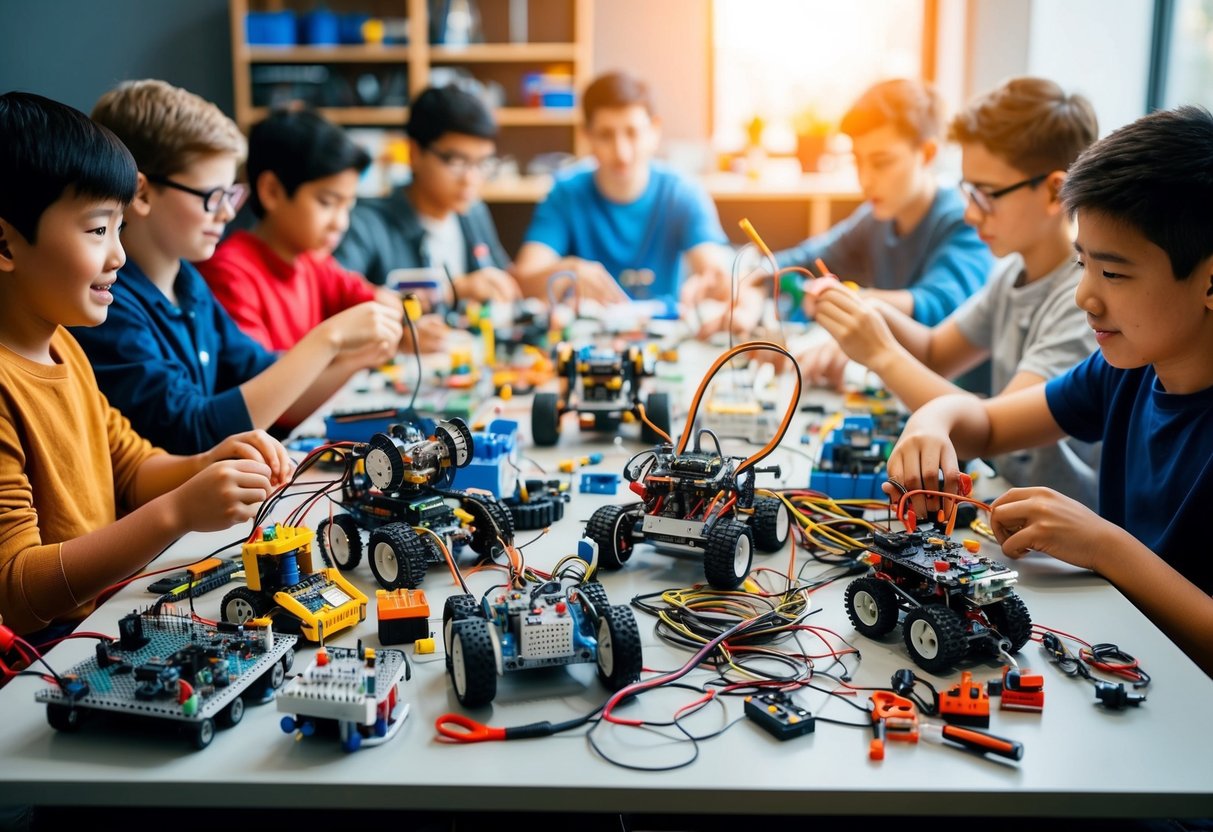 A table filled with various robotics kits, wires, and tools, surrounded by eager builders of all ages