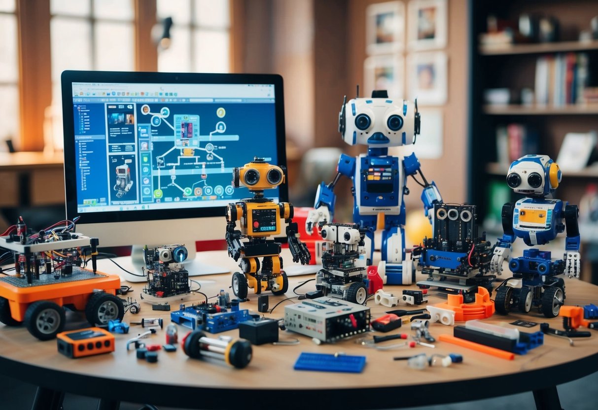 A table with various robotics kits, tools, and components. A computer screen displaying programming software. A diverse range of ages represented in the kits