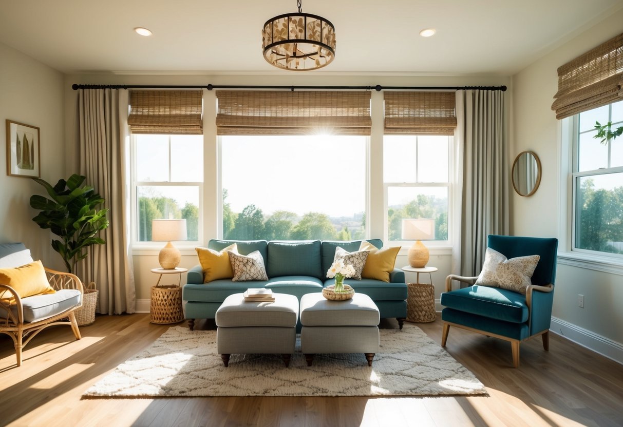 A cozy living room with sunlight streaming through a large window, adorned with stylish and functional DIY window treatments