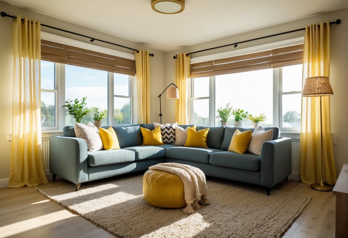 A cozy living room with sunlight streaming through a window, adorned with stylish DIY window treatments such as curtains or blinds