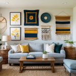 A cozy living room with a gallery wall of handmade art pieces, including painted canvases, woven tapestries, and framed botanical prints