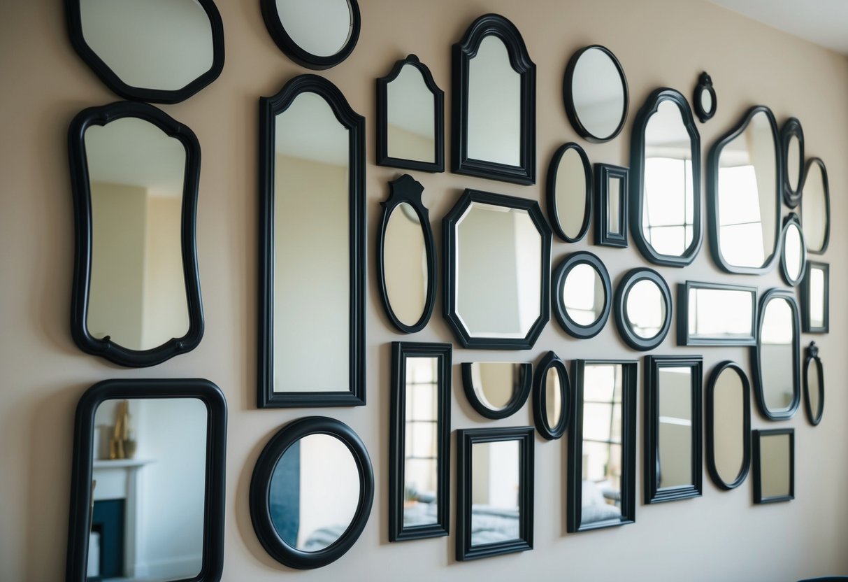 A collection of mirrors of various shapes and sizes arranged in a visually appealing pattern on a wall, reflecting light and creating an illusion of space