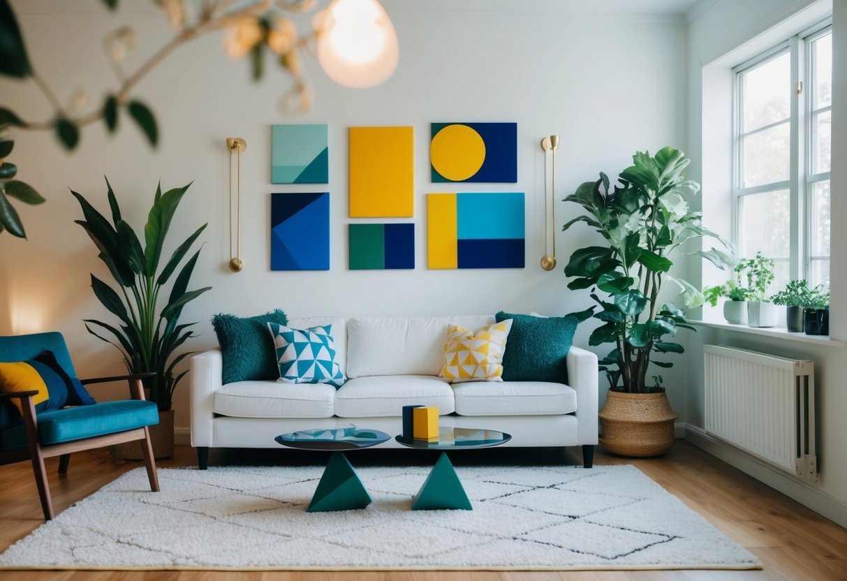 A living room with colorful geometric accent pieces arranged on a white wall, surrounded by plants and natural light streaming in through a window