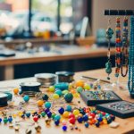 A table scattered with colorful beads, wires, and tools for jewelry making. A variety of finished pieces displayed on a stand