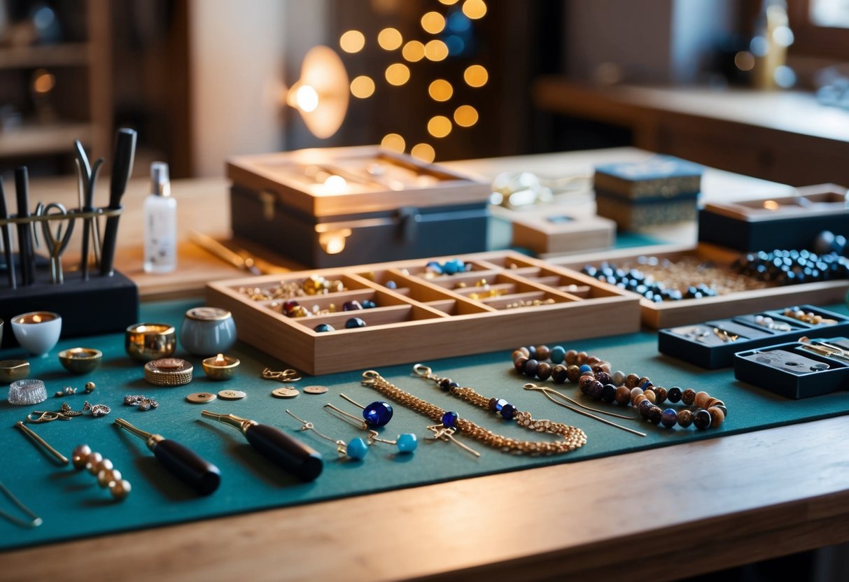 A table with various jewelry making tools, beads, and wires arranged neatly, with a finished bracelet and earrings displayed as examples