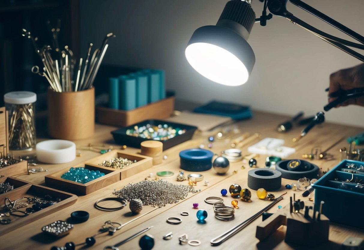 A work table with various jewelry making tools, beads, wires, and findings. A bright light illuminates the organized chaos of creativity